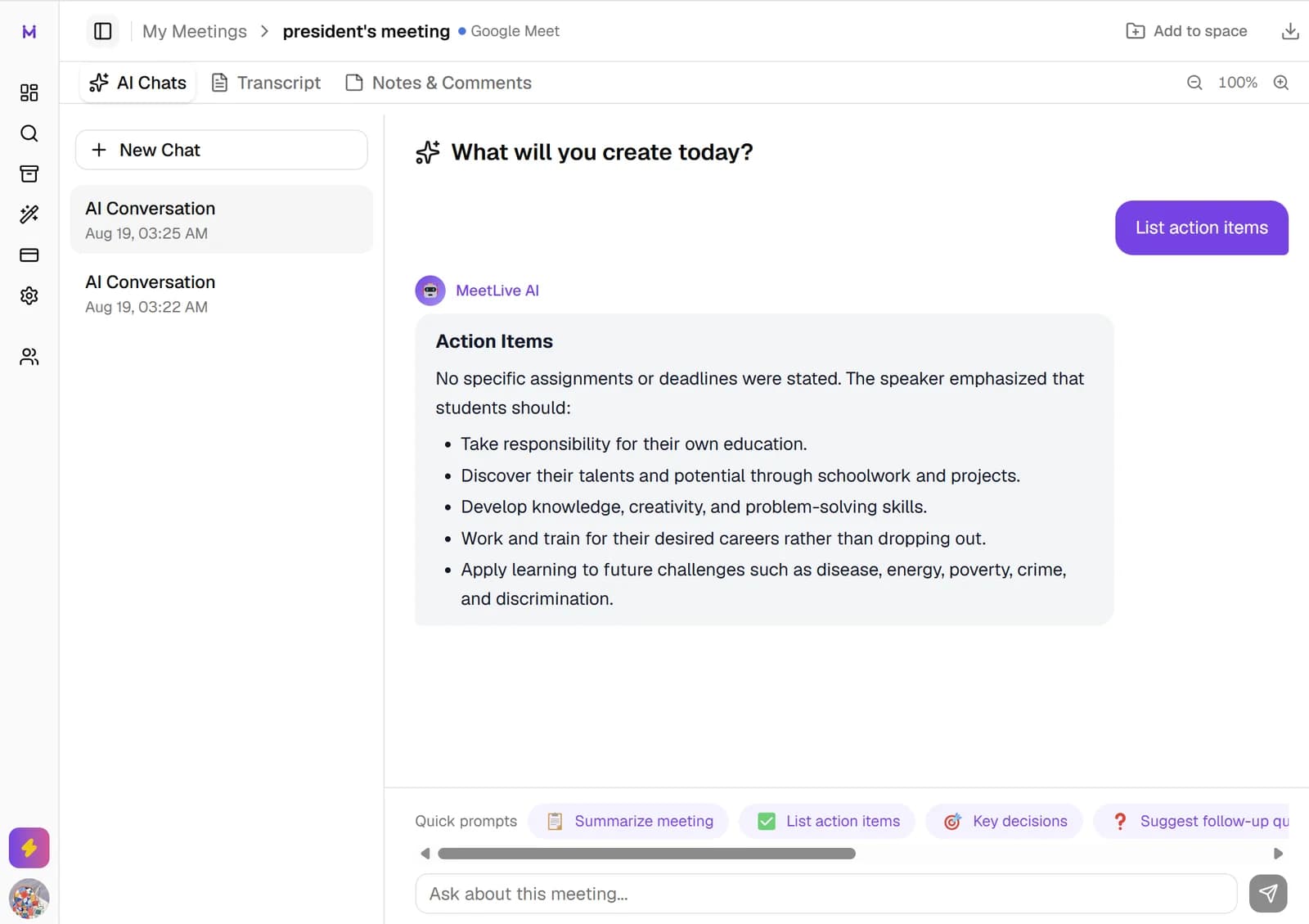 MeetLive web app — AI action items from your transcript