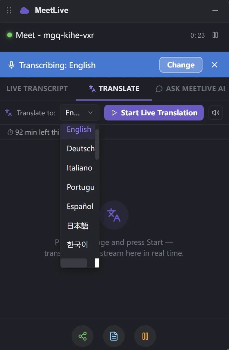 LiveTranslate — pick a language and start live translation