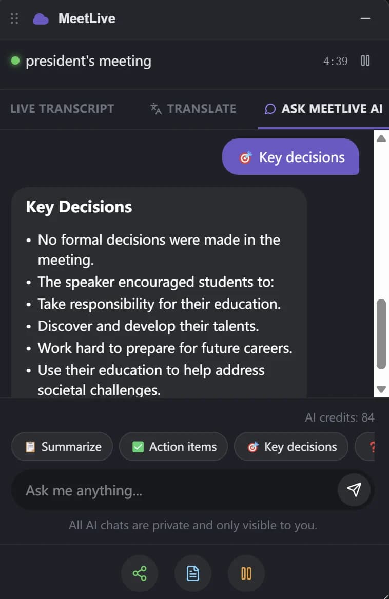 Ask MeetLive AI — key decisions generated during the meeting