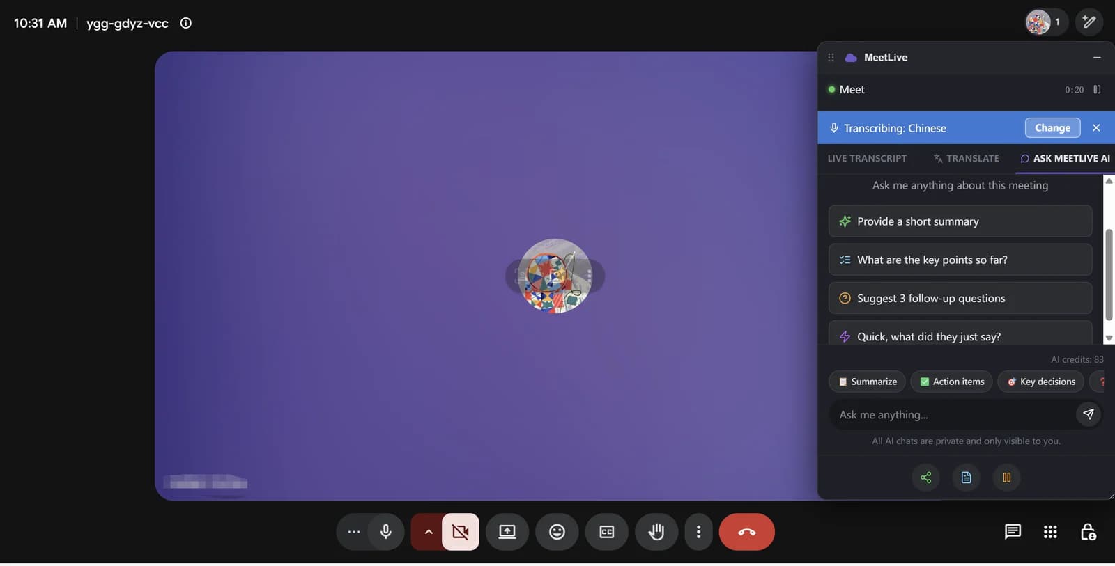 MeetLive panel in a Google Meet call — live transcription without a bot