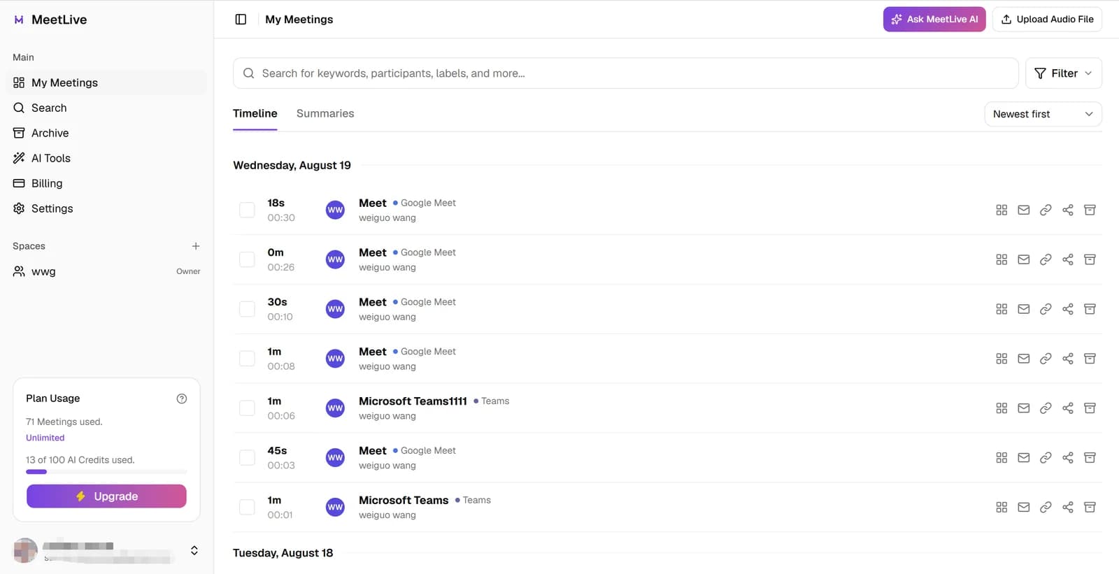 MeetLive web app — My Meetings timeline